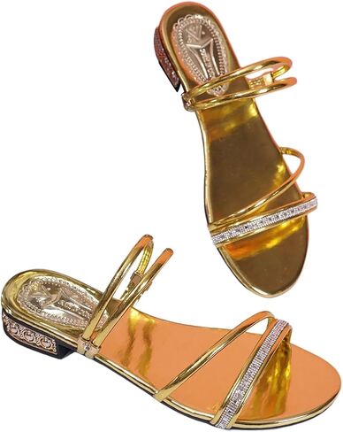 OYOANGLE Women's Gold Rhinestone Strappy Heeled Sandals Open Toe Ankle Strap Dressy Chunky Heels in Saudi Arabia