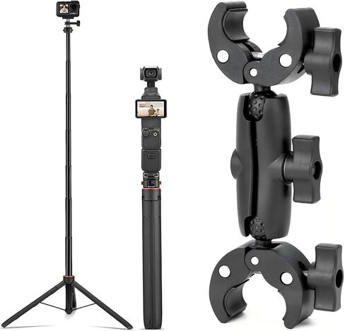 BRDRC 64in Pocket 3 Selfie Stick Tripod and Double Clamp Mount, Extendable Stand with Quick Release 1/4'' Screw and Umbrella Holder Camera Pole Bracket for Insta360 X4 X3 X2 Accessories in Saudi Arabia
