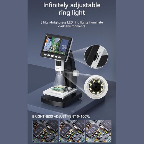 4.3 Inch Digital Microscope 1080P 50-1000X Magnification with Built - in Storage, Adjustable LED Light, USB 3.0 Connectivity - High Resolution IPS Screen, Multi - Platform Comp in Kuwait