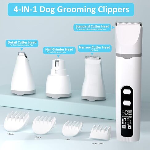 4 in 1 Dog Clippers Grooming Kit with LED Screen, Cordless Quiet Paw Trimmer & Nail Grinder, Rechargeable Waterproof Feet Ear Body Hair Shaver for Cats Dogs Pet Supplies in Saudi Arabia
