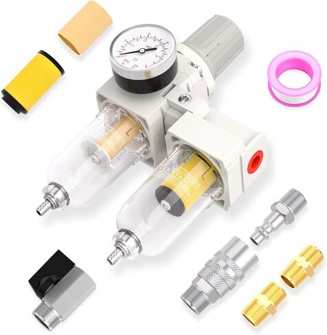 1/4" NPT Air Drying System, Double Air Filters with 150 PSI Gauge and Valve Shut Off Switch for Plasma Cutter and Paint Spray, Manual Drain in Saudi Arabia