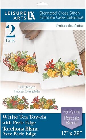 Leisure Arts Tea Towel 17"x28" Fruits 2pc, Towel Set, Embroidery kit, Bathroom Hand Towels, Kitchen Towel, Cross Stitch Kits, Stamped Cross Stitch Kits in Saudi Arabia