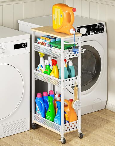 Rolling Slim Storage Cart, 4-Tier Narrow Bathroom Organizers and Storage Cart, Metal Narrow Kitchen Laundry Room Organization Shelf with Wood Top, Slim Utility Cart with Wheels for Small Space in Kuwait