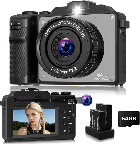Digital Camera for Photography, 4K 64MP with Selfie Lens & 20X Zoom, WiFi, Compact Vlogging Camera for YouTube, Portable Travel Camera with 2 Batteries for Students Teens Beginners in Kuwait