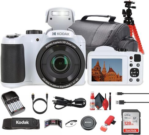 حزمة كاميرا Kodak Pixpro AZ255 الرقمية باللون الأبيض (AZ255WH) تتضمن: بطاقة ذاكرة سعة 128 جيجابايت، بطاريات قابلة لإعادة الشحن، حقيبة، حامل ثلاثي مرن، حزام للرقبة، أغطية عدسات، مجموعة تنظيف كاملة، المزيد من الملحقات in Kuwait