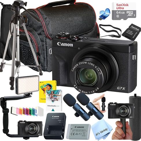 كاميرا Canon PowerShot G7 X Mark III الرقمية، ومجموعة فيديو مع الملحقات: مصباح فيديو LED، وذاكرة 64 جيجابايت، وميكروفونات لاسلكية، وقوس تثبيت الفيديو، وحقيبة، وحامل ثلاثي القوائم، ومقبض، وبرامج، والمزيد (متجدد) in Saudi Arabia