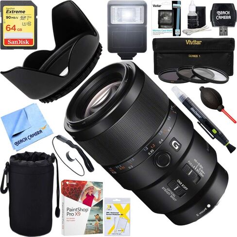 سوني (SEL90M28G - FE 90 ملم F2.8 Macro G OSS عدسة ماكرو كاملة الإطار E-Mount + حزمة تصوير فلاش ومرشح نهائي سعة 64 جيجابايت in Saudi Arabia