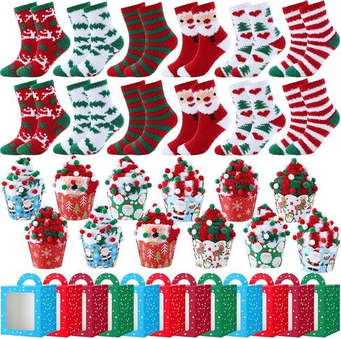 Foaincore 12 Pair Christmas Cupcake Socks Bulk Women Fuzzy Socks Soft Fluffy Cozy Slippers Winter Warm Plush Stocking with Gift Box Xmas Holiday Gifts for Her in Saudi Arabia