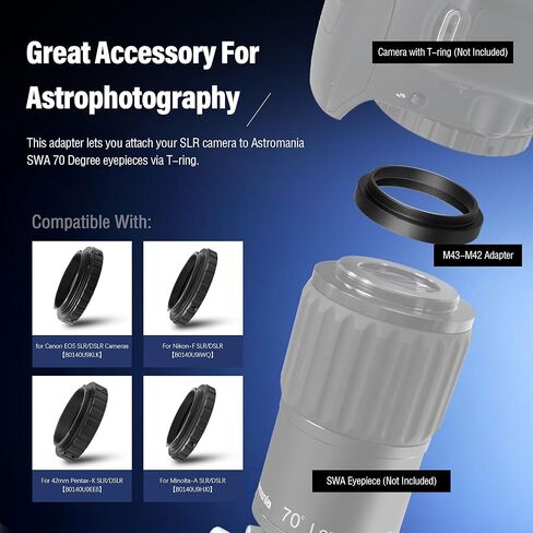 Astromania M43x0.75 أنثى إلى M42X0.75 T / T2 محول تلسكوب خيط ذكر - حزمة مع - محاذاة ميزاء الليزر 1.25 بوصة in Saudi Arabia