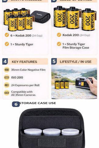 بكرة فيلم Kodak Gold 200 مقاس 35 مم، 24 عرضًا، عبوة من 6 قطع مع حقيبة تخزين متينة لفيلم النمر، أسود in Kuwait