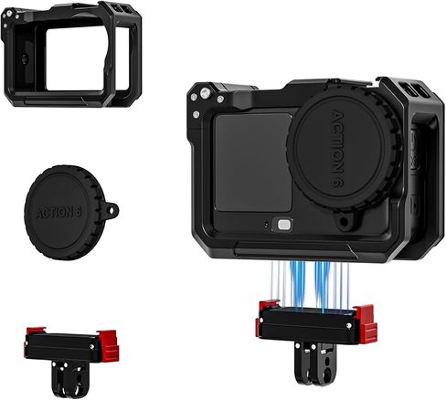 قفص كاميرا لحقيبة Dji Osmo Action 6، قاعدة ألومنيوم قابلة للتحرير مع خيط 1/4 بوصة وموصل قابل للطي للحوامل الثلاثية، غطاء حماية عدسة السيليكون، يدعم التصوير الرأسي والأفقي in Saudi Arabia