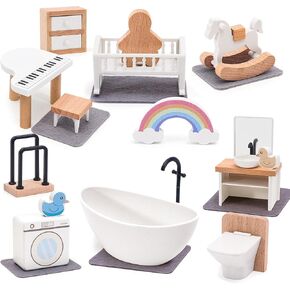 36PCS Wooden Dollhouse Furniture Set with 4 Flexible Family Dolls - 5 Room Realistic Doll House Accessories for Toddlers 3 4 5 6 , Pretend Play Toys Gift for Birthday and Christmas in Kuwait