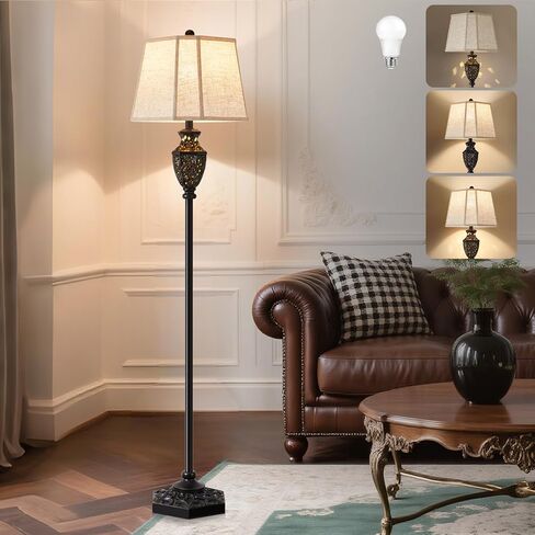 LUVKCZC Rustic Floor Lamp - Resin Resinced Base مع ضوء ليلي مجوف ، ديكور كوخ مزرعة ، مصباح قائم بذاته لغرفة المعيشة ، غرفة نوم (يشمل المصباح) in Kuwait