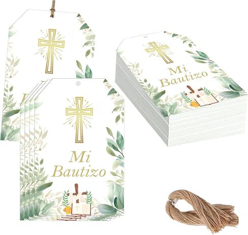 Mi Bautizo بطاقة الذهب المعمودية الدينية معمودية لصالح 50 PCS الذهب الصليب الشكر لك العلامات الورقية مع سلسلة - الإسبانية GOD GOGE هدية لصالح حفلة عيد الميلاد in Saudi Arabia