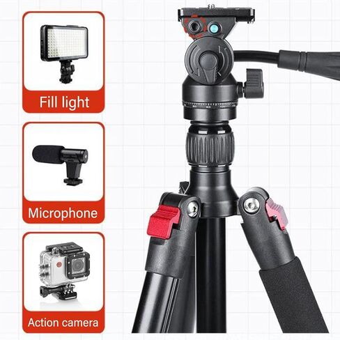 Eujgoov Professional 360 Panorama Tripod Fluid Head رأس فيديو من سبائك الألومنيوم مع مقبض فولاذي 3/8 بوصة برغي سفلي 11 رطل/5 كجم سعة تحميل لكاميرا DSLR حامل ثلاثي القوائم Monopod in Kuwait