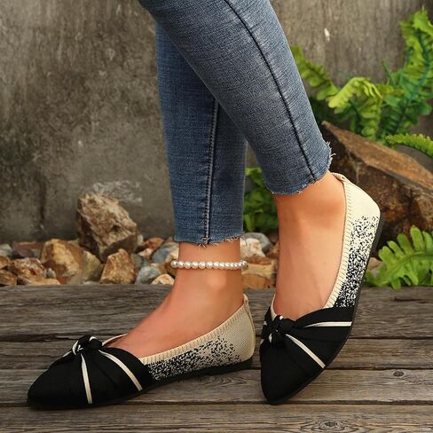 Women's Flats Pointed Toe Bow Knit Ballet Flat Shoes Comfortable Dressy Mesh Slip On Ballerina Flats for Women in Saudi Arabia