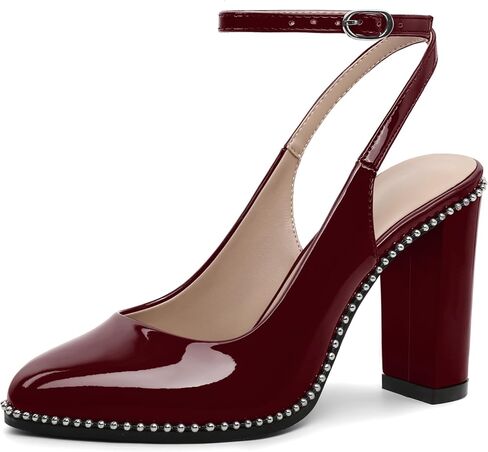 Mettesally Women's Slingback Heels Ankle Strap Round Toe Chunky Block High Heel Beaded Pumps Dress Shoes 3.5 Inches in Kuwait