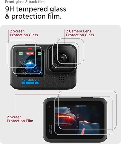 واقي شاشة Miimall لـ GoPro Hero 12 /Hero 11 /Hero 10 /Hero 9 أسود، واقي شاشة من الزجاج المقوى فائق الوضوح + واقي عدسة + فيلم شاشة LCD أمامي لكاميرات الحركة GoPro 12 11 10 9 in Saudi Arabia