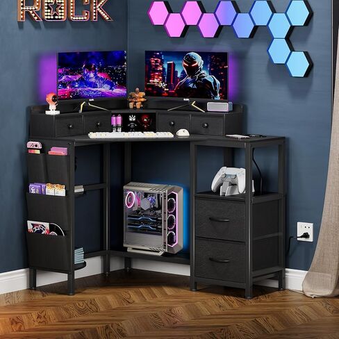 Corner Desk with 6 Drawers Shelves for Small Space Computer Desk with Power Outlets,Gaming Desk with Printer Monitor Stand Storage for Home Office Workstation Writing Table (White, 31.5) in Kuwait