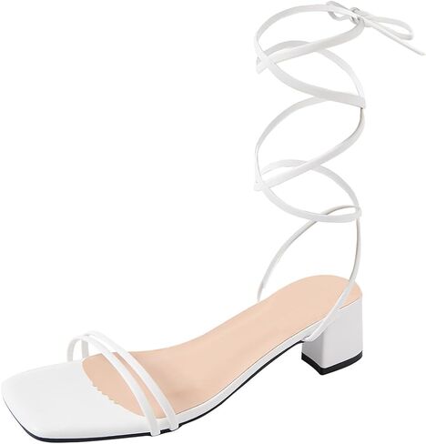 GORGLITTER Women's Gladiator Strappy Heeled Sandals Lace Up Square Open Toe Dressy Chunky Heels in Saudi Arabia