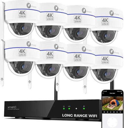 xmartO [4K AI Tracking Ceiling CAM 10CH 8Pcs 4K 8MP UHD قبة معدنية PTZ نظام كاميرا أمان لاسلكي مع متابعة تلقائية، صوت ثنائي الاتجاه ورؤية ليلية، WiFi6 طويل المدى، 0 رسوم شهرية in Kuwait