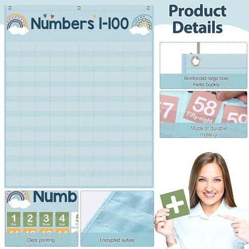 Frienda Hundreds Pocket Chart with 100 Pockets 107 Double-sided Number Cards 26 Blank Cards 1 Pen 3 Hooks Boho Number Chart 1-100 for Classroom Home Learning Counting and Organizer in Saudi Arabia