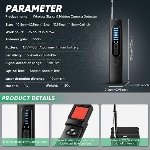 كاشفات الكاميرا الخفية وكاشفات الأخطاء، كاشف مكتشف الكاميرات المضادة للتجسس 2025، كاشف الكاميرا الخفية بنظام تحديد المواقع العالمي (GPS)، كاشفات أجهزة التتبع، كاشف الكاميرات للفنادق، المنزل، المكتب (أسود) in Kuwait