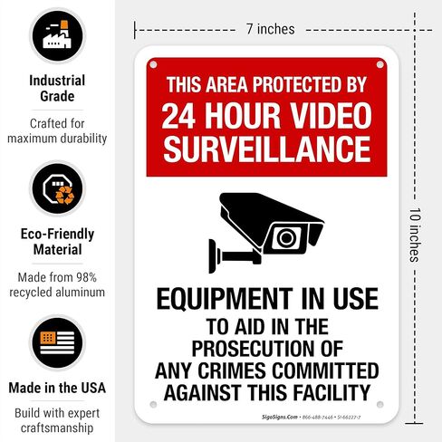This Area Protected by 24 Hour Video Surveillance Equipment in Use Sign, 10x7 Inches, 55 mil Thick HDPS (high Density polystyrene), Made in USA by Sigo Signs in Saudi Arabia