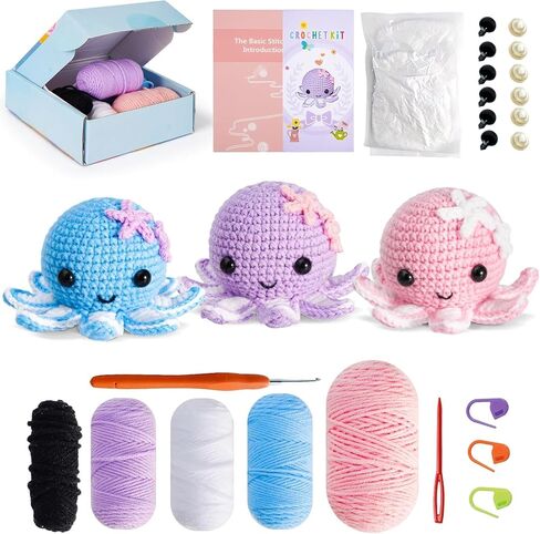 Crochet Kit for Beginners, Make 3 Amigurumi Crochet Animals with Step-by-Step Video Tutorials, Complete Starter Kit for Adults, Kids and Teens, Perfect DIY Craft Gift to Learn Crocheting in Saudi Arabia