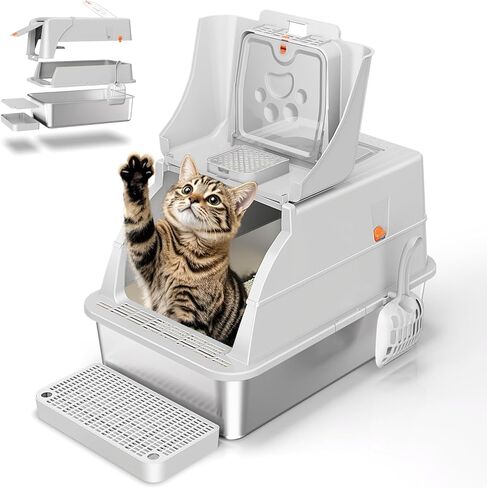Extra Large Stainless Steel Litter Box with Lid & Scoop, Enclosed Metal Kitty Litter Box with Step, Front Entry Top Exit, Odor Control, Anti-Leakage, Non-Sticky, Easy Cleaning in Kuwait