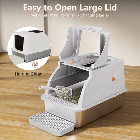 Extra Large Stainless Steel Litter Box with Lid & Scoop, Enclosed Metal Kitty Litter Box with Step, Front Entry Top Exit, Odor Control, Anti-Leakage, Non-Sticky, Easy Cleaning in Kuwait