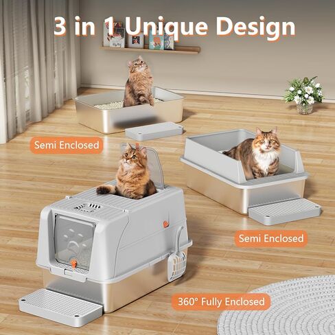 Extra Large Stainless Steel Litter Box with Lid & Scoop, Enclosed Metal Kitty Litter Box with Step, Front Entry Top Exit, Odor Control, Anti-Leakage, Non-Sticky, Easy Cleaning in Kuwait