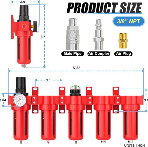 3/8" NPT Industrial Grade 5 Stage Aluminum Air Drying System,Double Coalescing Filter,Particulate Filter,Double Desiccant Dryer and Air Regulator,Manual Drain For Plasma Cutter and Paint Spray in Saudi Arabia