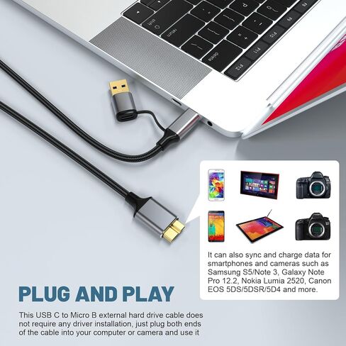 USB A/Type C to USB Micro B Data Transfer Cable Compatible with Nikon D500 D800 D810 D850, Canon EOS 5D Mark IV, 5DS R Camera, Galaxy S5, Note 3, Seagate, WD, Toshiba External Hard Drive, 5ft in Saudi Arabia