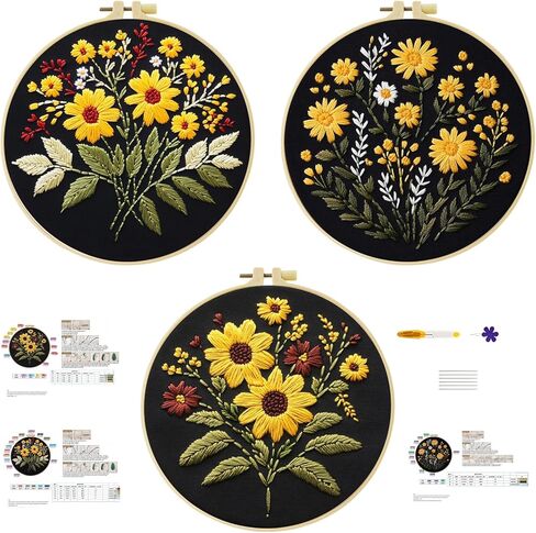 57lilina Embroidery Kit for Beginners, Pack of 3 with Hoops, Threads, Needles - Starter Cross Stitch Supplies for Adults, Gift for Relaxation Craft Lovers, Flower Theme in Kuwait