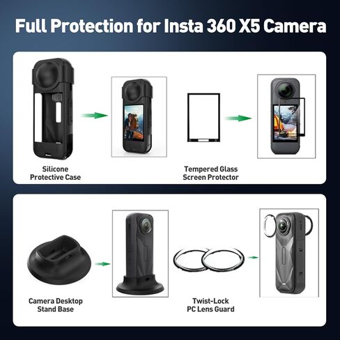 مجموعة ملحقات JFX 9 في 1 لجهاز Insta360 X5، بما في ذلك فيلم حماية العدسة الفاخر Insta360 X5، وواقي شاشة من الزجاج المقسى، وحافظة من السيليكون، ومجموعة حامل سطح المكتب وحقيبة حمل in Kuwait