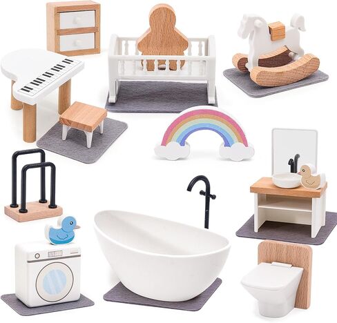 36PCS Wooden Dollhouse Furniture Set with 4 Flexible Family Dolls - 5 Room Realistic Doll House Accessories for Toddlers 3 4 5 6 , Pretend Play Toys Gift for Birthday and Christmas in Kuwait