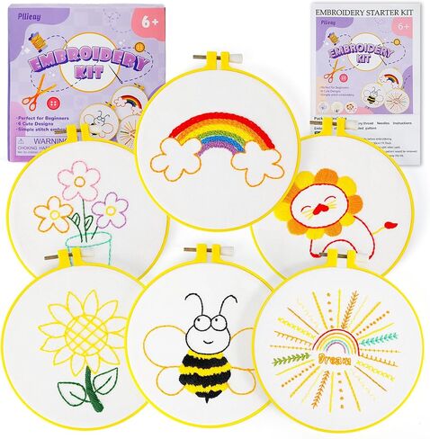 Pllieay 6PCS Embroidery Kit for Beginners, Needlepoint Kits for Beginners with Patterns, Embroidery Hoop, Threads, Needles, Instructions, Kids Cross Stitch Kits Supplies for Girls Boys Ages 6+ in Saudi Arabia