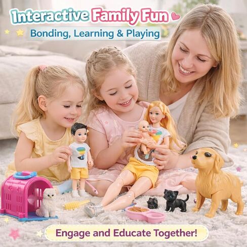 Dolls Set of 6 People with Dollhouse Pets Included Pregnant Mom Dad 3 Kids and Baby Boy in Mommy's Tummy, Doll Playsets and Accessories for 3-12 Years Old in Saudi Arabia