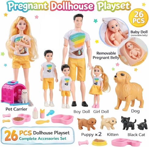 Dolls Set of 6 People with Dollhouse Pets Included Pregnant Mom Dad 3 Kids and Baby Boy in Mommy's Tummy, Doll Playsets and Accessories for 3-12 Years Old in Saudi Arabia