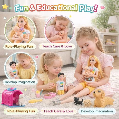 Dolls Set of 6 People with Dollhouse Pets Included Pregnant Mom Dad 3 Kids and Baby Boy in Mommy's Tummy, Doll Playsets and Accessories for 3-12 Years Old in Saudi Arabia