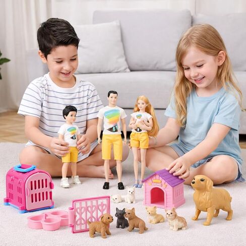 Dolls Set of 6 People with Dollhouse Pets Included Pregnant Mom Dad 3 Kids and Baby Boy in Mommy's Tummy, Doll Playsets and Accessories for 3-12 Years Old in Saudi Arabia