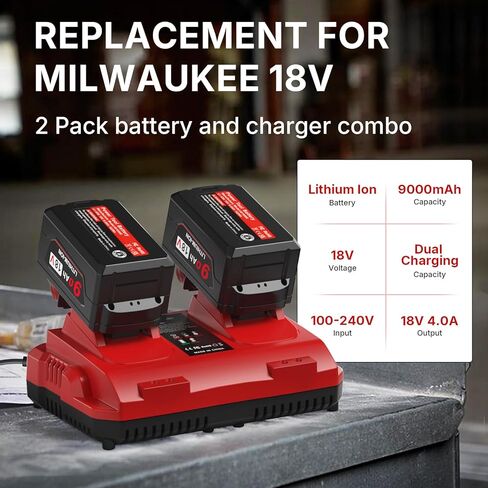 2 Pack 18V 9.0 Ah Battery and Charger Replacement for Milwaukee M-18 Lithium-Ion High Output Starter Kit in Saudi Arabia