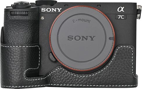 حافظة A7C II، حافظة كاميرا من الجلد الأصلي، غطاء نصف قاعدة مفتوح للجسم لهاتف Sony Alpha A7C II مع حزام معصم يدوي (قهوة) in Kuwait
