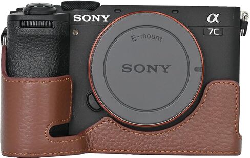 حافظة A7C II، حافظة كاميرا من الجلد الأصلي، غطاء نصف قاعدة مفتوح للجسم لهاتف Sony Alpha A7C II مع حزام معصم يدوي (قهوة) in Kuwait