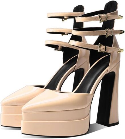 صنادل نسائية من Aflngle بكعب مكتنز صنادل مثيرة بمقدمة مغلقة وحزام للكاحل وإبزيم من الجلد اللامع بكعب عالٍ أحذية بكعب عالي in Kuwait