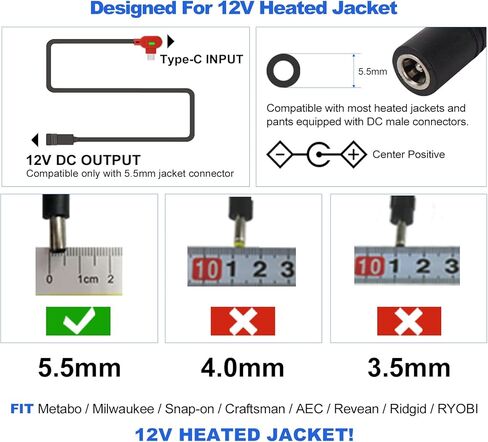 12V Heated Jacket Battery Replacement Pack QC3.0 & PD,with Type-C to DC 5.5mm Step-Up Adapter Cable, for Milwaukee, Makita, Craftsman, Snap-On, Metabo, AEG Gear (for 12V Heated Jackets Only) in Saudi Arabia