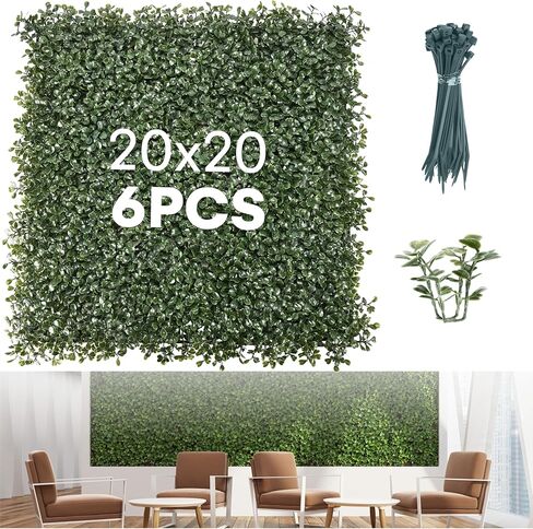 flybold Grass Wall Panels 20″ × 20″ (6 Pack) – UV-Protected Artificial Boxwood Hedge Greenery Backdrop Covers 16.66 sq ft, Indoor/Outdoor Privacy Fence Screen, Zip Ties & Spare Leaves Included in Saudi Arabia