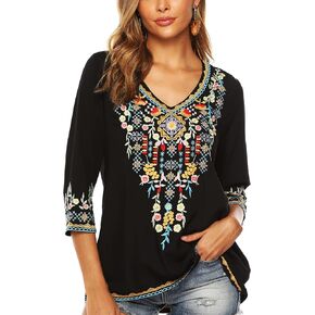 LauraKlein Women's Boho Embroidered Peasant Tops 3/4 Sleeve V Neck Mexican Bohemian Shirts Tunics Blouses