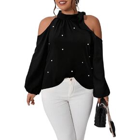 SweatyRocks Women's Plus Size Long Sleeve Cold Shoulder Beaded Top Mock Neck Loose Blouse Shirt
